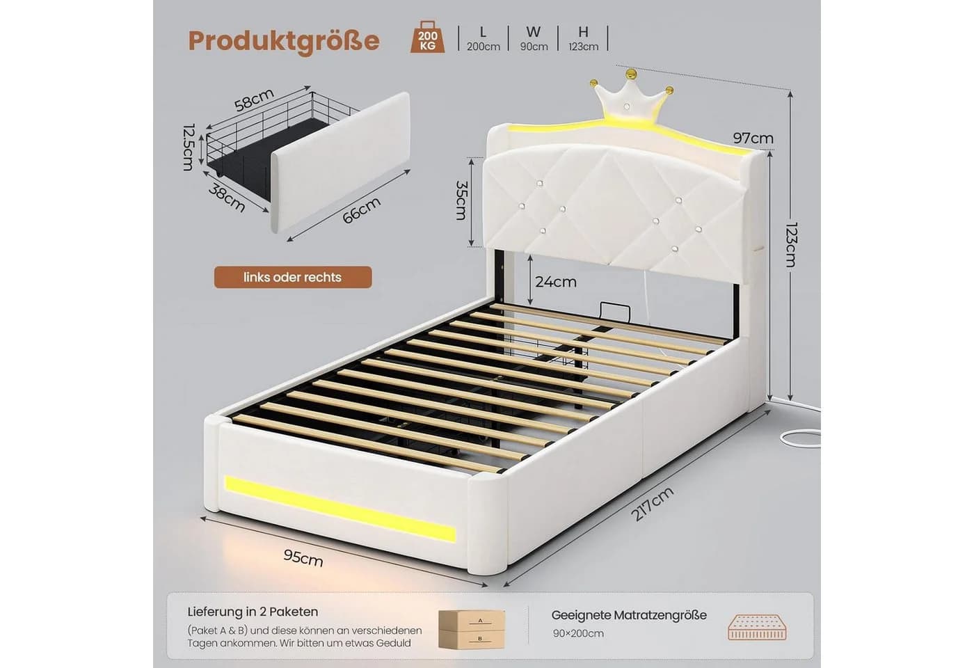 MSMASK Kinderbett Kronen-Design Samt Beige Rosa LED Stauraum