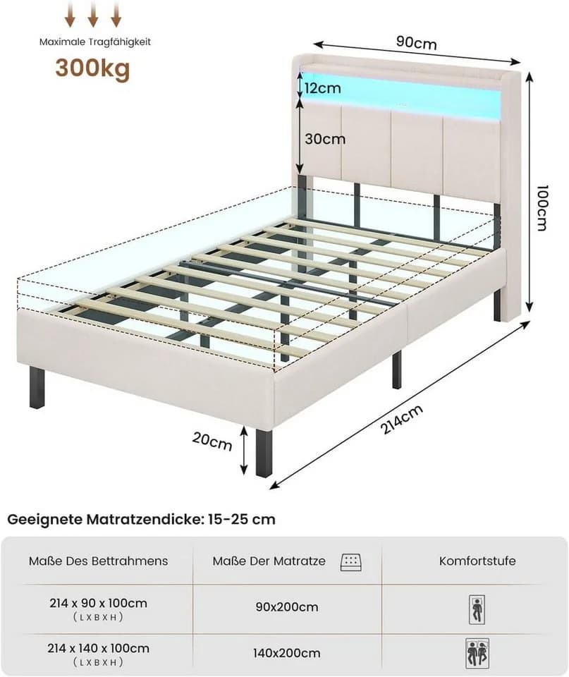 MSMASK Polsterbett mit LED & Ladestation Beige