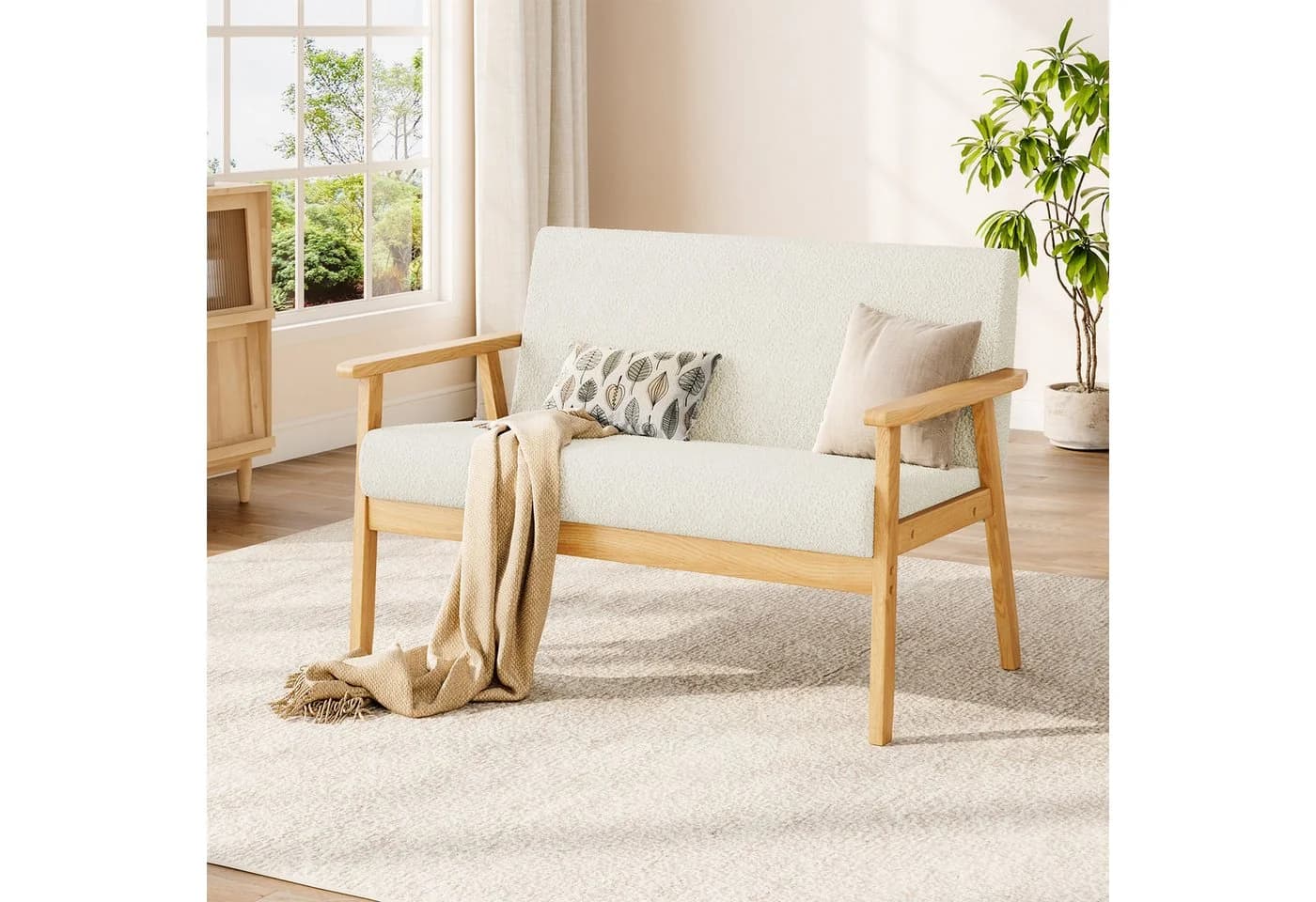 YOLEO 2-Sitzer Stoffsofa Couch mit Holz Armlehnen Loungesofa