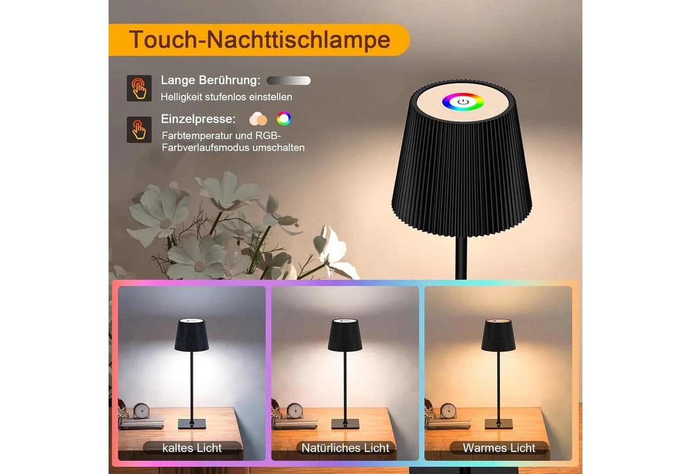 skelo LED Tischleuchte Kabellos Touch Dimmbar RGB 3 Farbtemperatur Schwarz