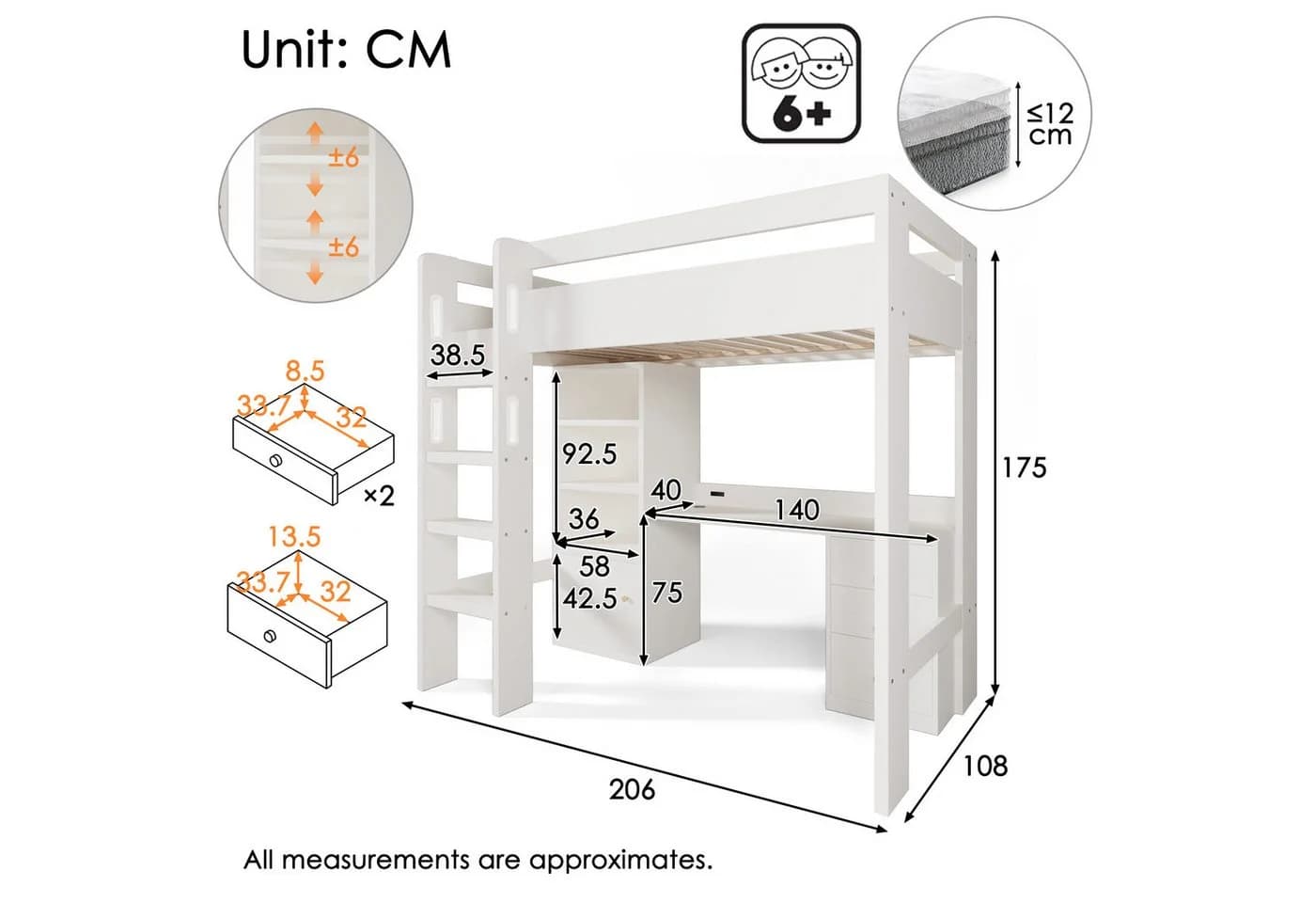 Ulife Hochbett Kinderbett mit Schreibtisch, Kleiderschrank und Aktenschrank, 90x200cm