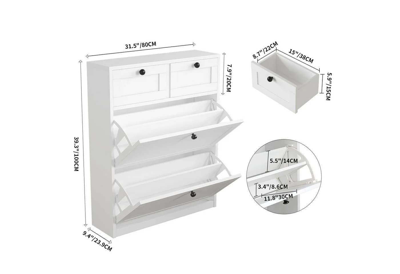 VOWNER Schuhschrank mit 2 Klappen Weiß Flip-Design