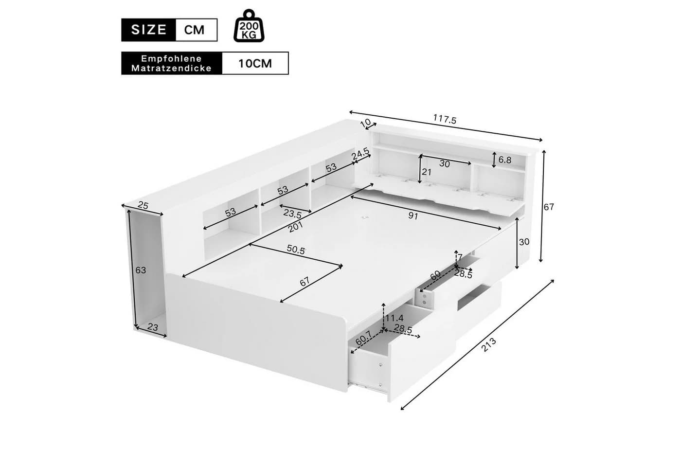 Ulife Kinderbett Jugendbett Einzelbett mit Schubladen, Bücherregal und Stauschrank 90x200cm