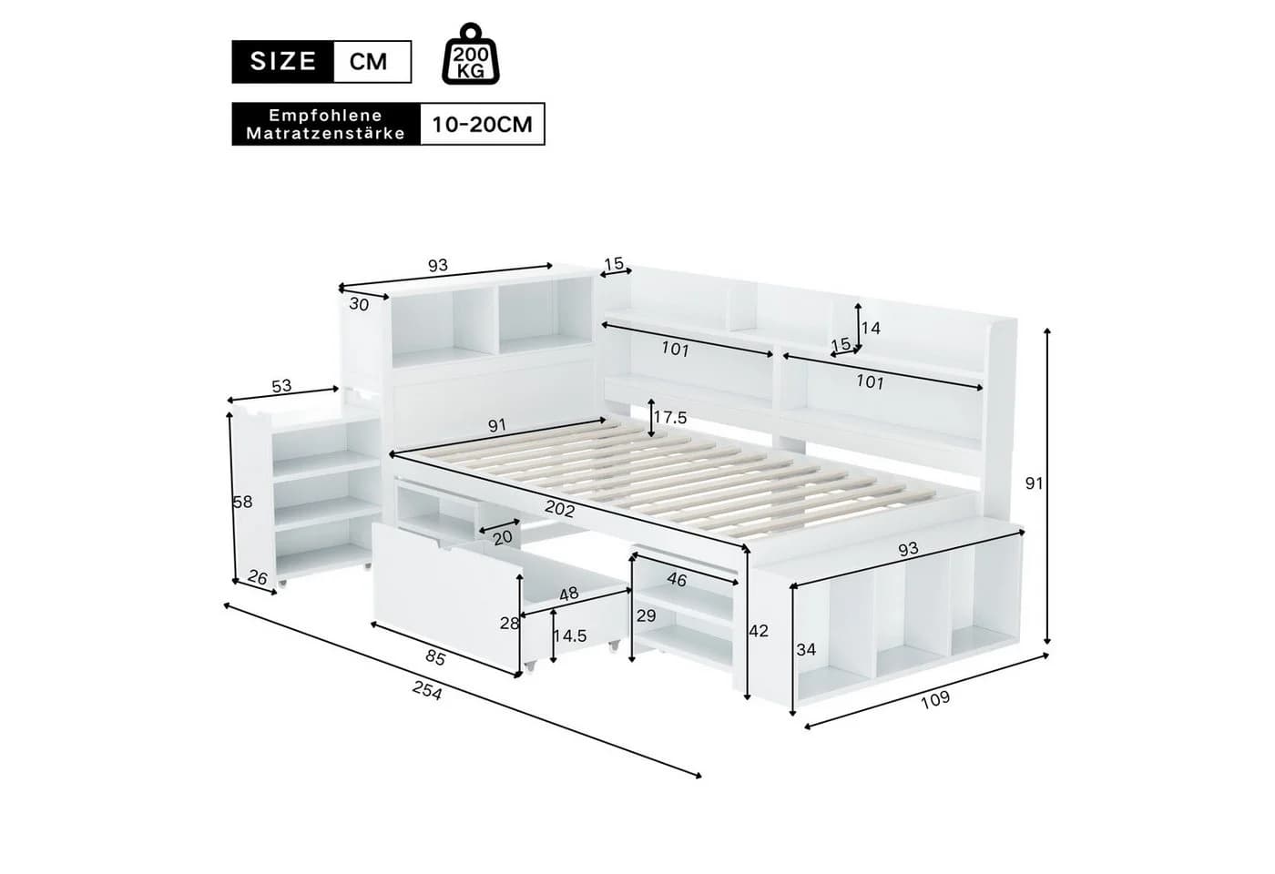 Ulife Kinderbett Jugendbett Multifunktionales Holzbett Weiß