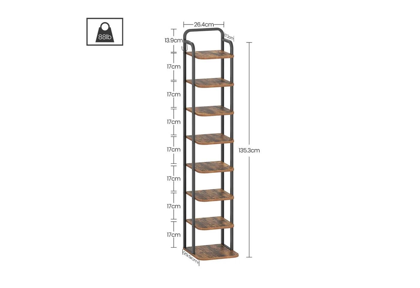 HZUANERI Schuhregal Vertikal 8 Etagen für kleine Räume Weiß Gold/Dunkelbraun