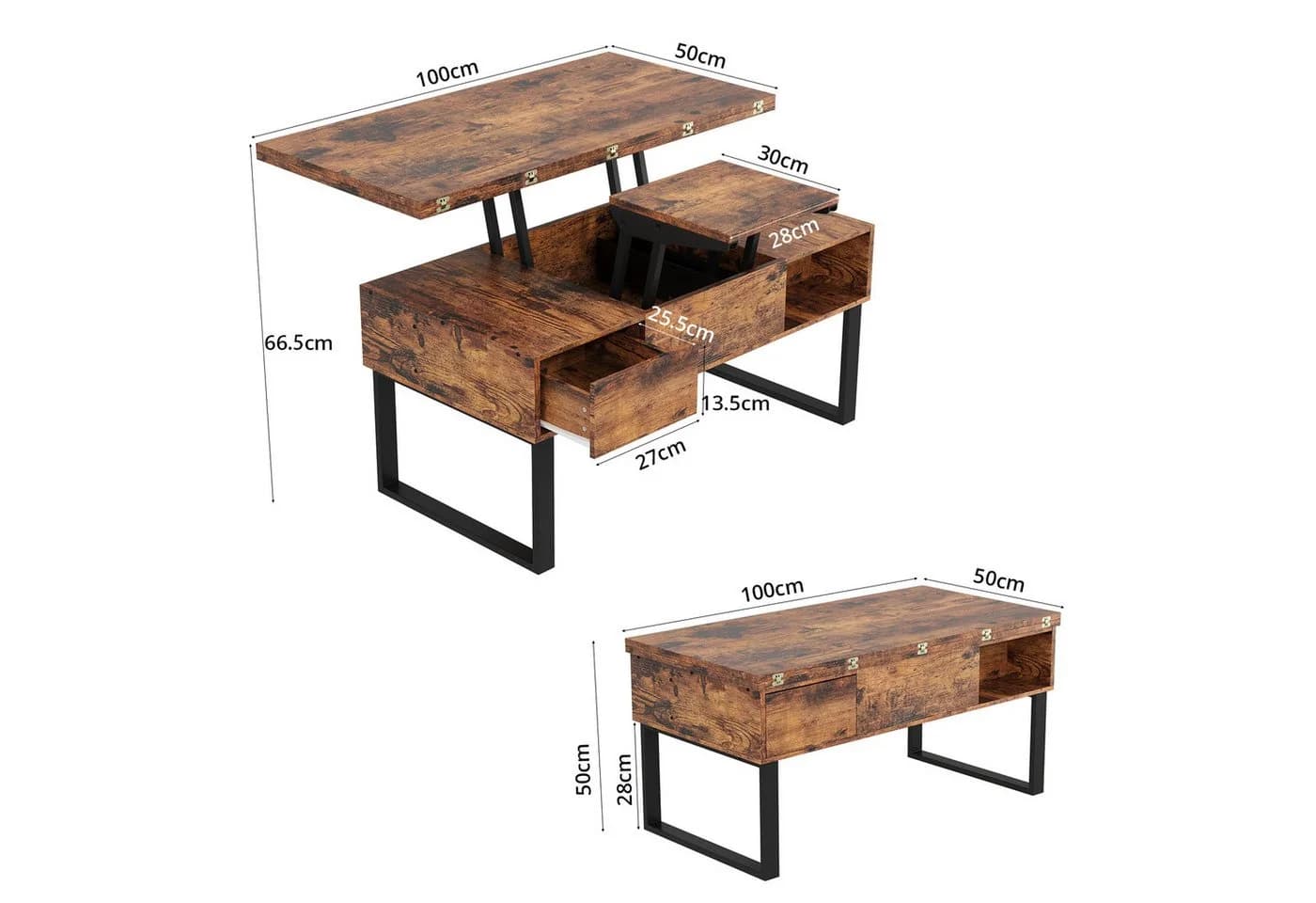 VOWNER Couchtisch 3-in-1 Multifunktionstisch Höhenverstellbar Antikbraun