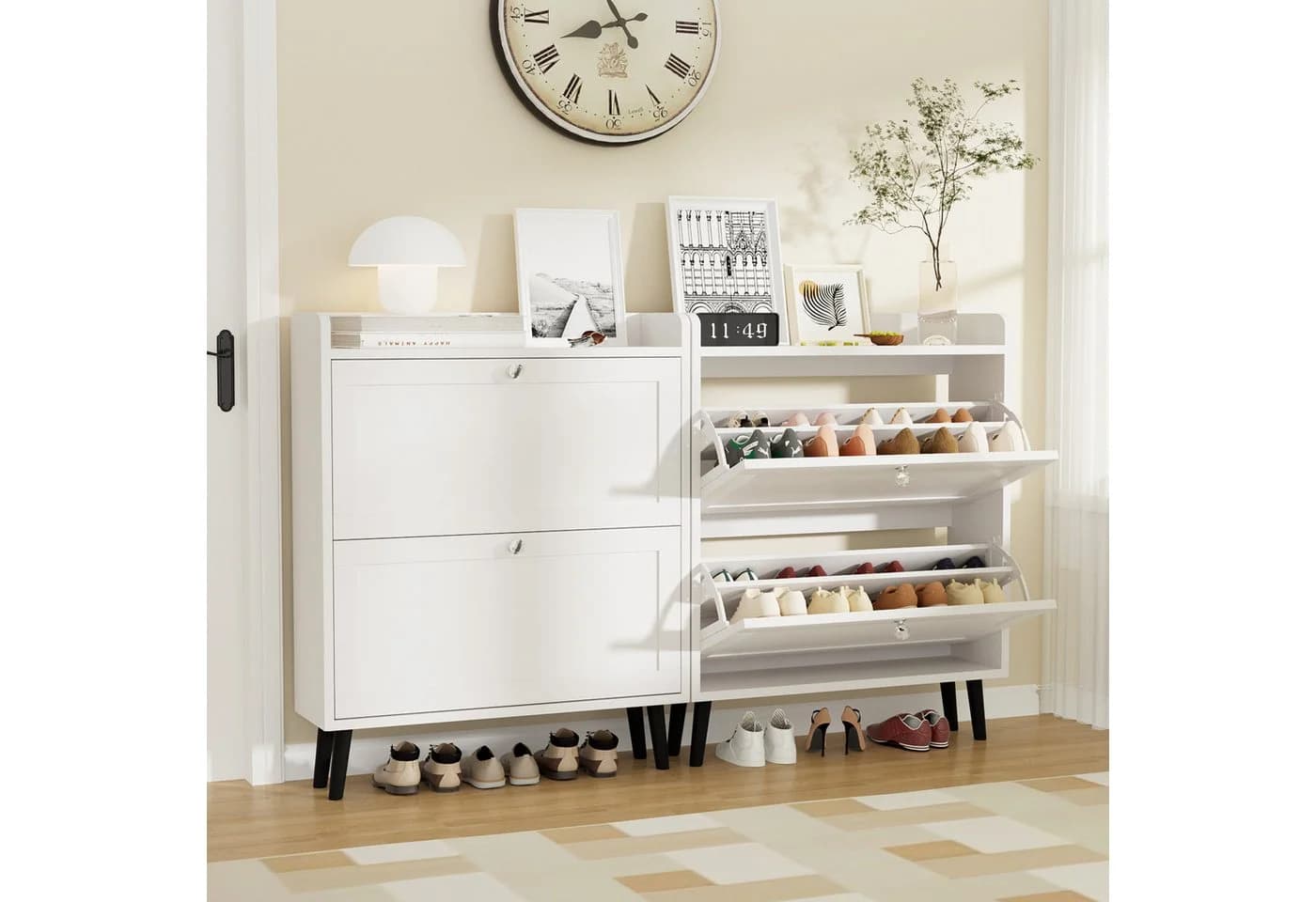 VOWNER Schuhschrank mit 2 Klappen Weiß Flip-Design