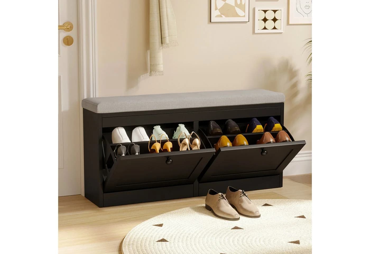 VOWNER Schuhschrank 2 Klappen Sitzbank Schwarz 106x32x52 cm