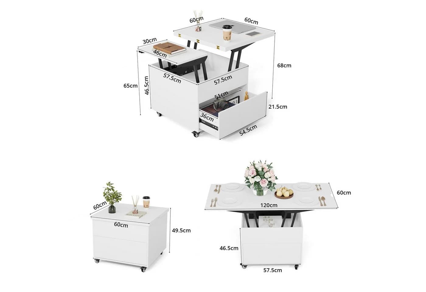 VOWNER Couchtisch Höhenverstellbar 3-in-1 Multifunktions Wohnzimmer-Esstisch Schwarz