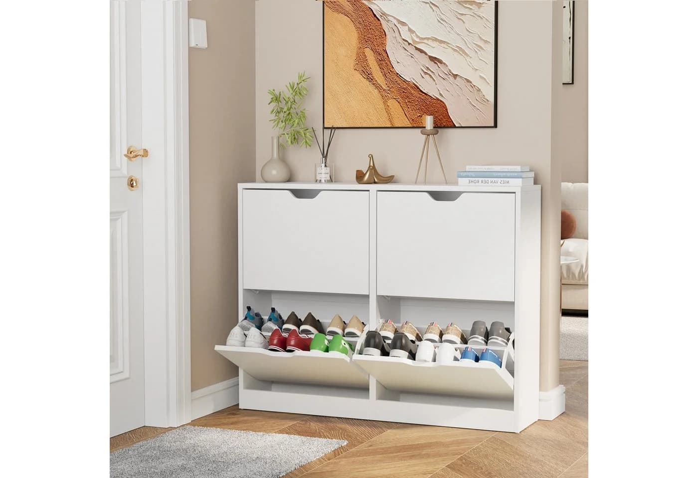 VOWNER Schuhschrank mit 4 Klappen Weiß Spanplatte