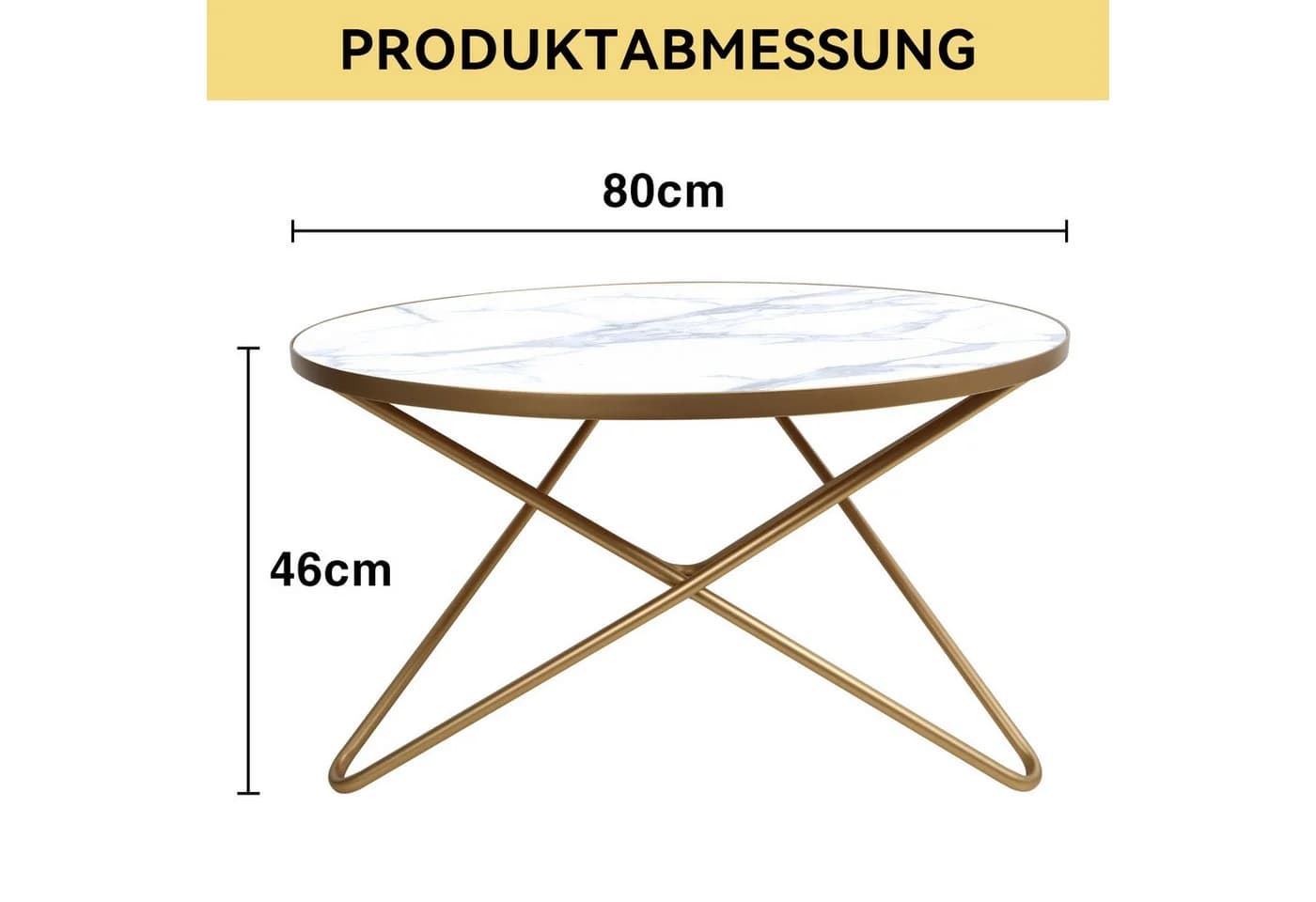 HOLTICO Runder Couchtisch mit Marmormuster Glas Metall