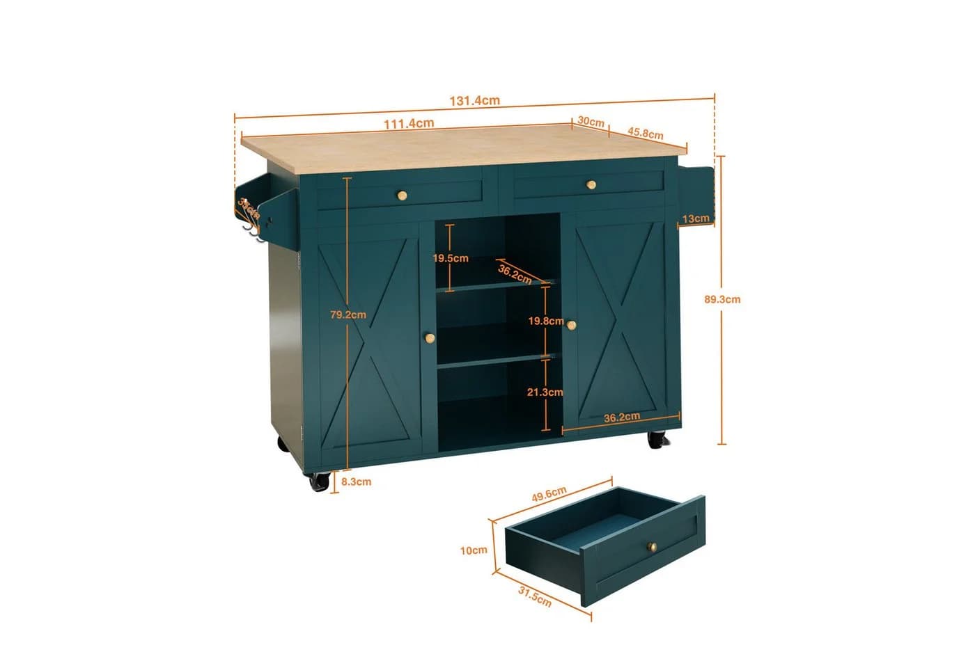 Küchenwagen Kücheninsel aus MDF und Gummibaumholz
