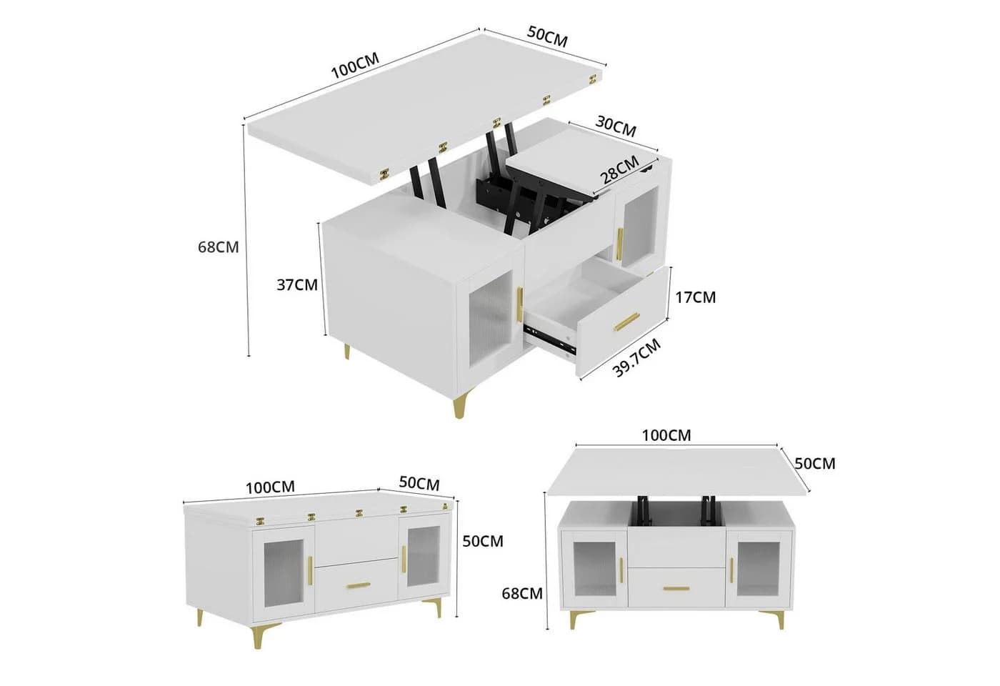 VOWNER Couchtisch Höhenverstellbar 3-in-1 Weiß
