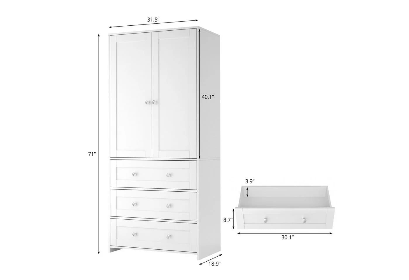 VOWNER Kleiderschrank mit Spiegel 2 Türen 3 Schubladen Weiß