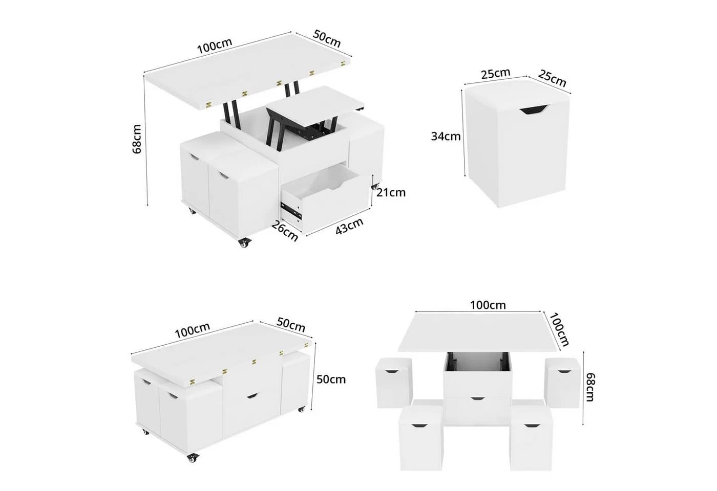 VOWNER Couchtisch 3-in-1 Multifunktions-Couchtisch mit Schublade & 4 Hockern