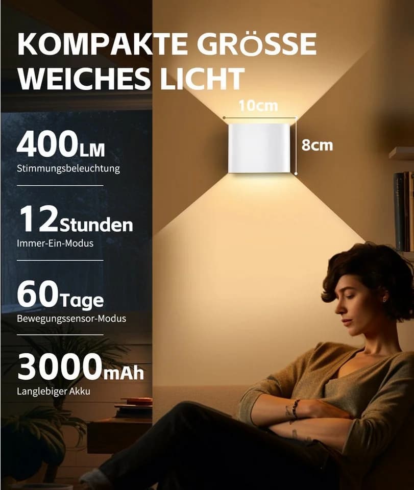 GeyouLux Wandleuchte mit Akku & Bewegungsmelder, 5W 3000K LED, Schwarz/Weiß