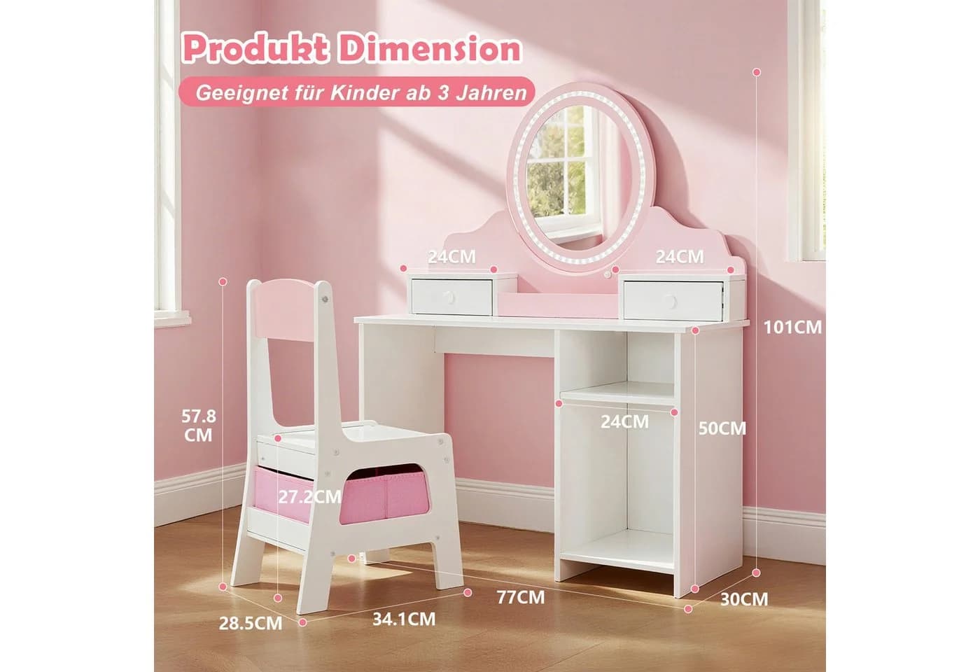 JOYLDIAS Schminktisch 2 in 1 Rosa LED-Spiegel Prinzessin Frisiertisch