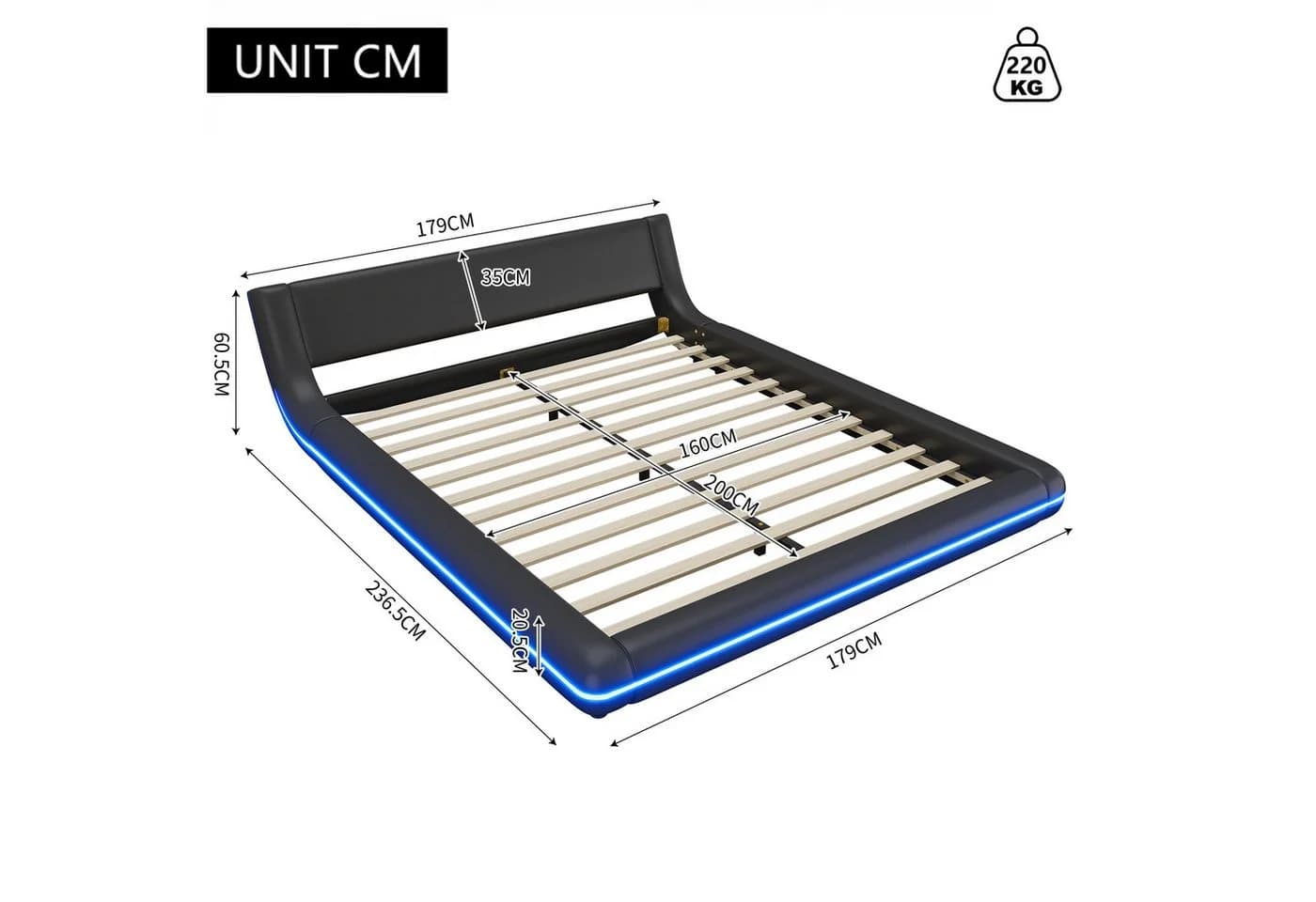 Ulife Polsterbett Modernes Design Doppelbett LED-Umgebungslicht