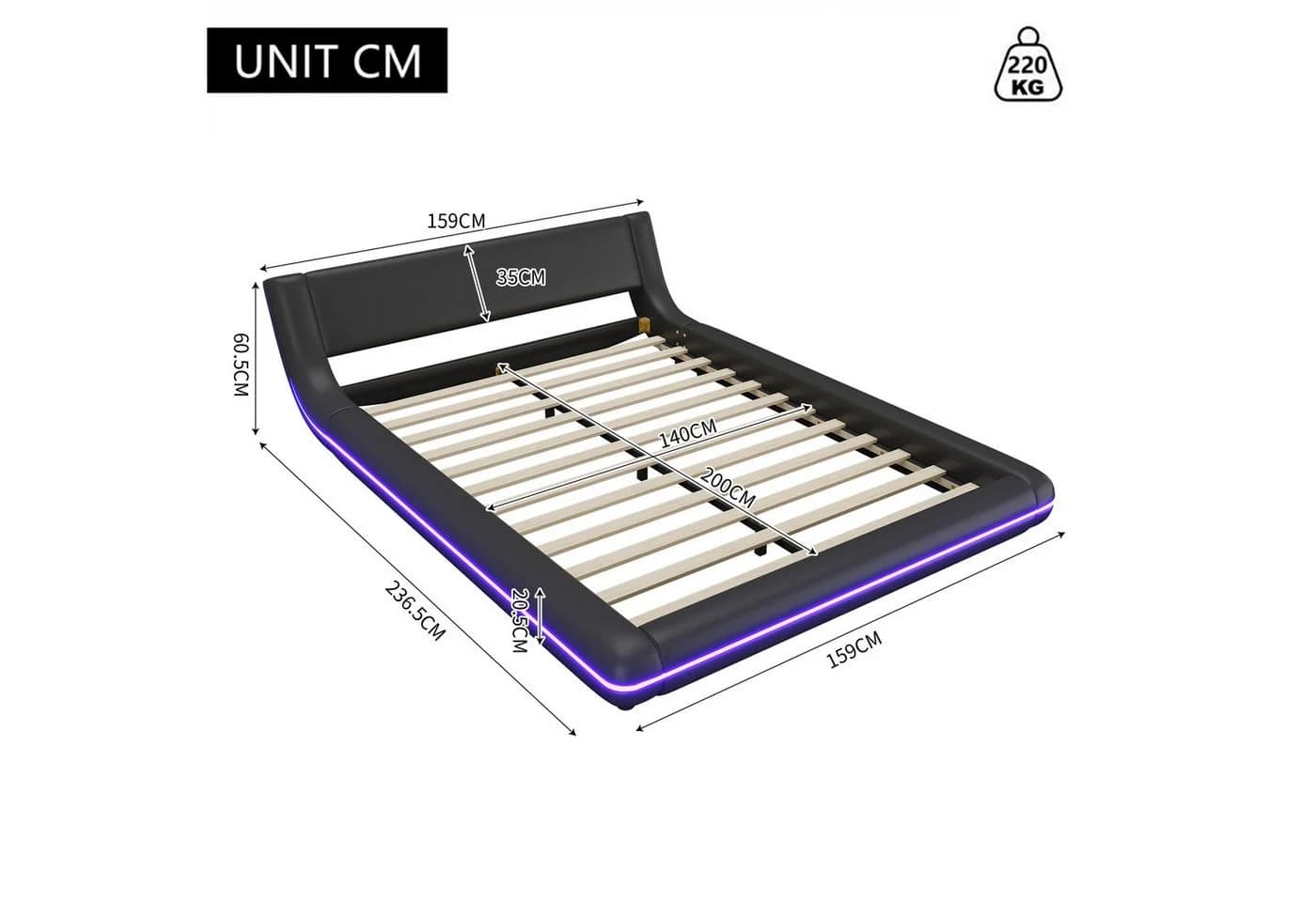 Ulife Polsterbett Modern Design Doppelbett LED-Umgebungslicht 140x200 cm Schwarz