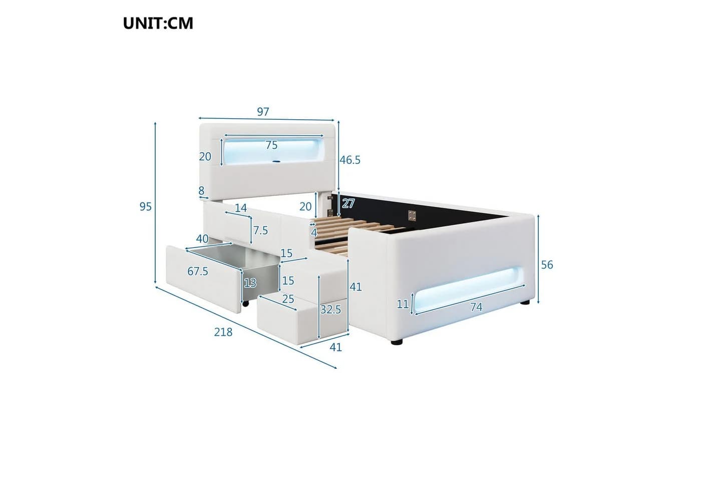 Ulife Polsterbett mit Treppe, Schubladen, LED-Lichtleisten und Aufbewahrungstaschen