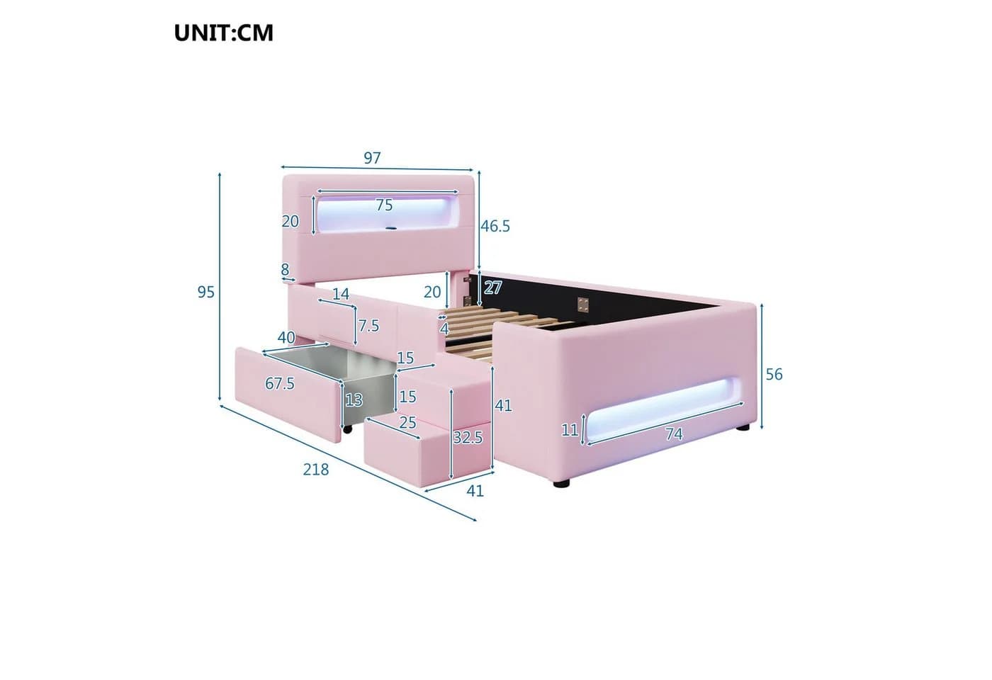 Ulife Polsterbett mit Treppe und LED Rosa/Weiß