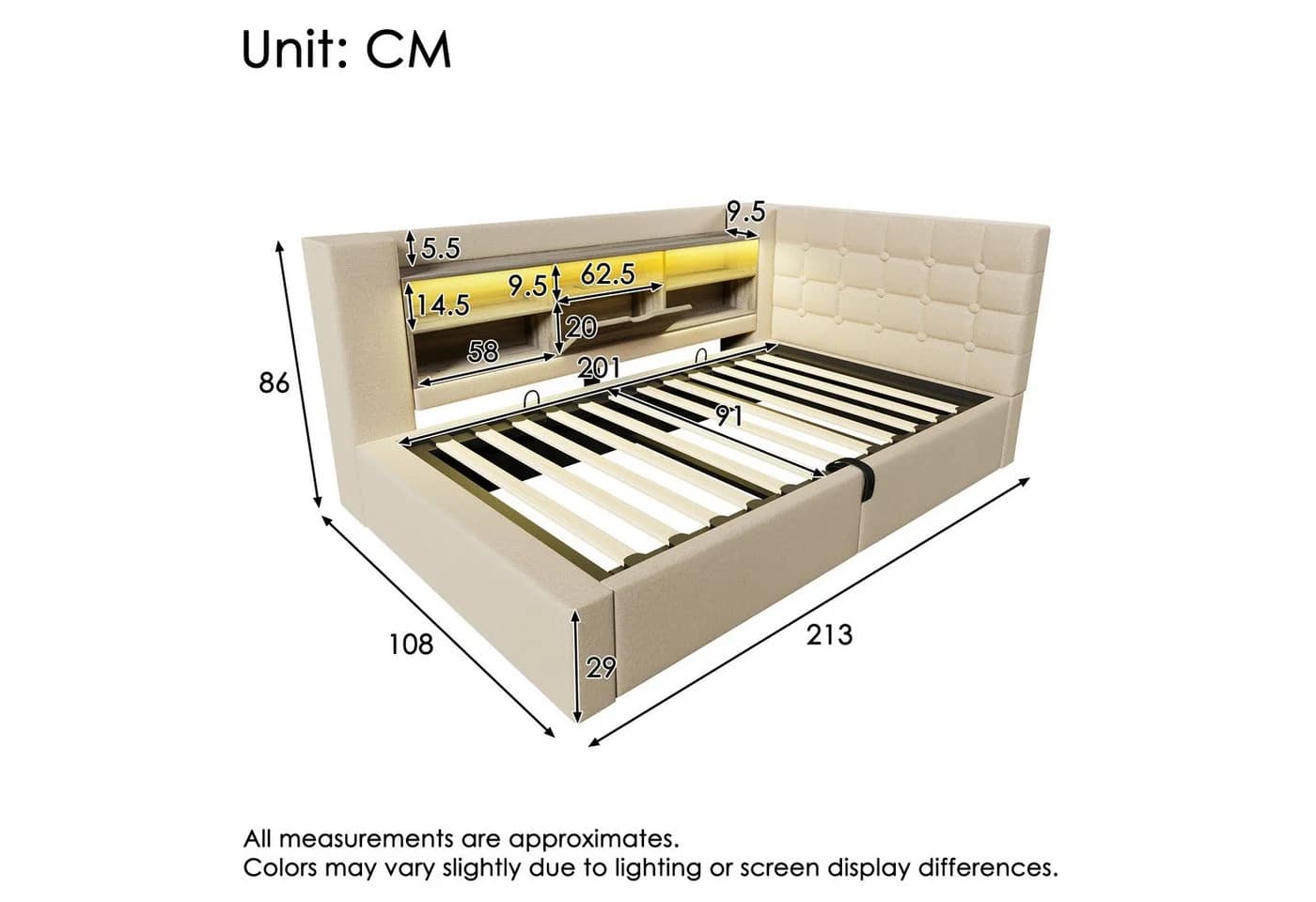 Ulife Polsterbett mit LED, Bettkasten & USB-Anschlüssen Beige
