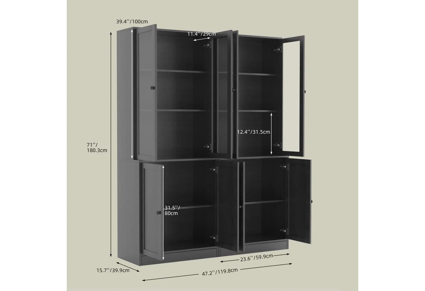 VOWNER Bücherregal Hochschrank Schwarz mit Glastüren 180 cm