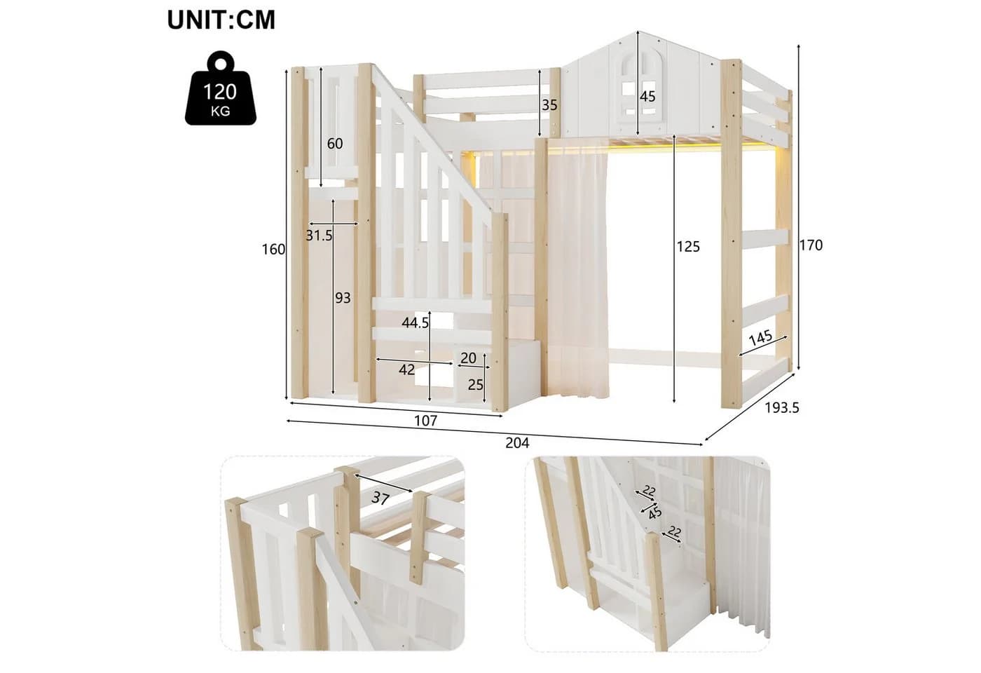 Ulife Etagenbett Hochbett Kinderbett mit LED-Leuchten, Fensterform, Ablageleiter (1-St., Ohne Matratze), Weiß, 140x200cm
