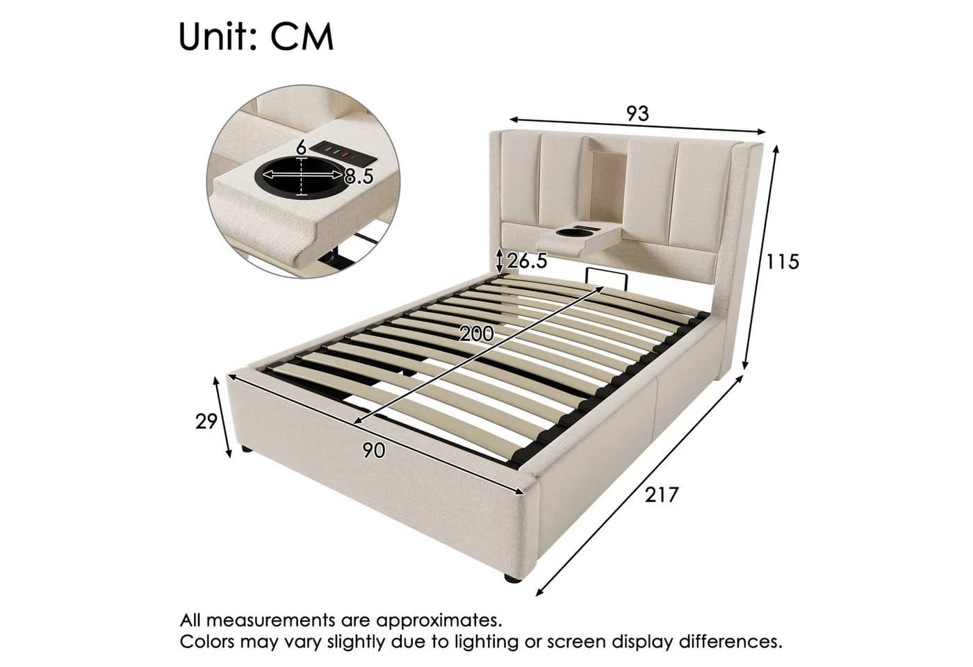 Ulife Polsterbett mit Bettkasten & USB-Ladestation Beige/Grau
