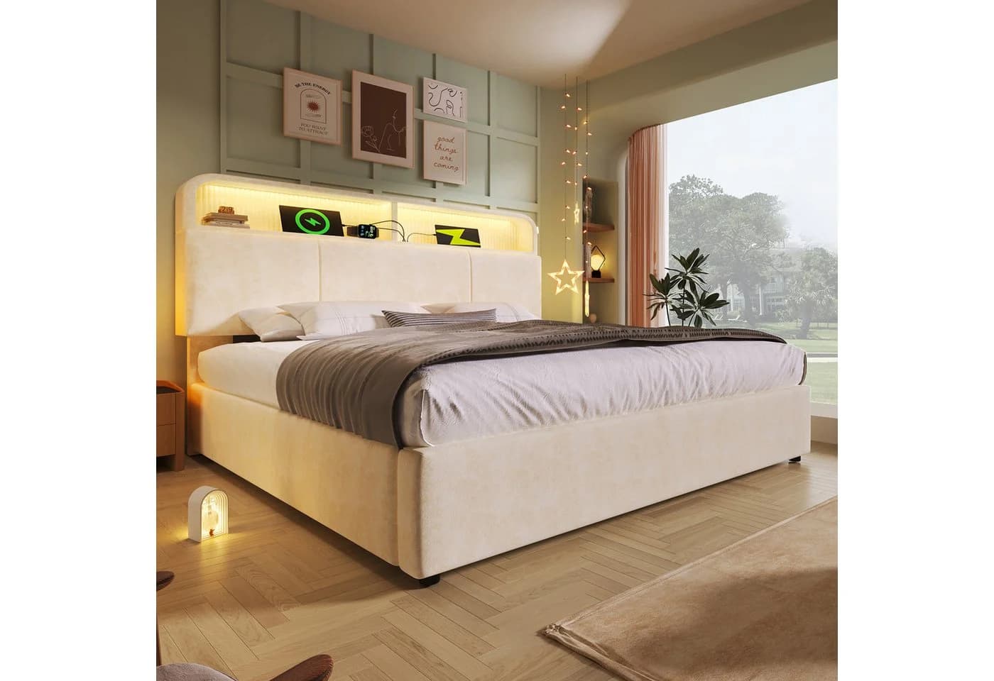 TavilaEcon Polsterbett Höhenverstellbares Bett mit LED-Beleuchtung, USB-Ladestation, 180x200cm, beige