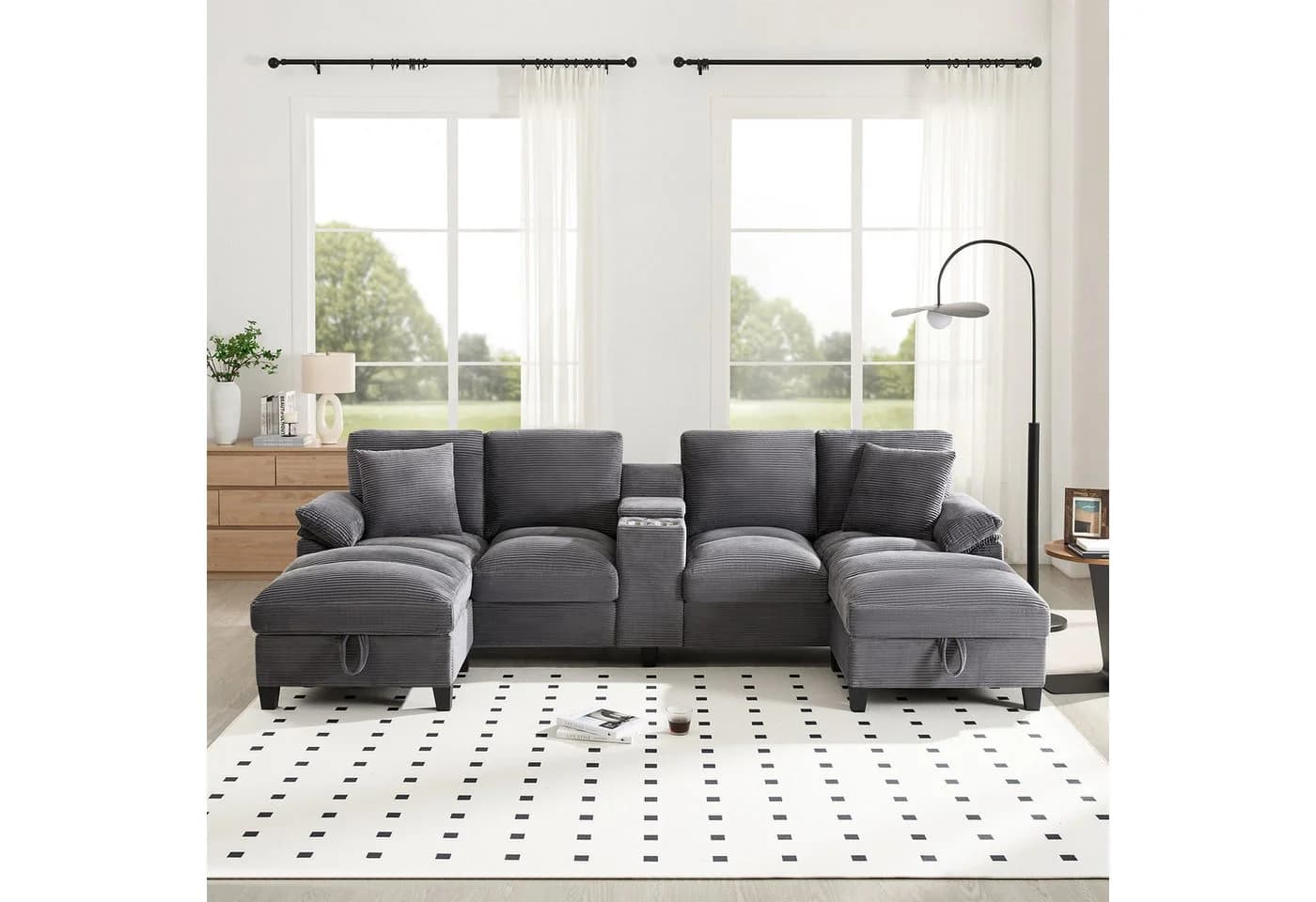 TavilaEcon Wohnlandschaft 4-Sitzer U-Form Sofa Grau mit USB-Anschlüssen