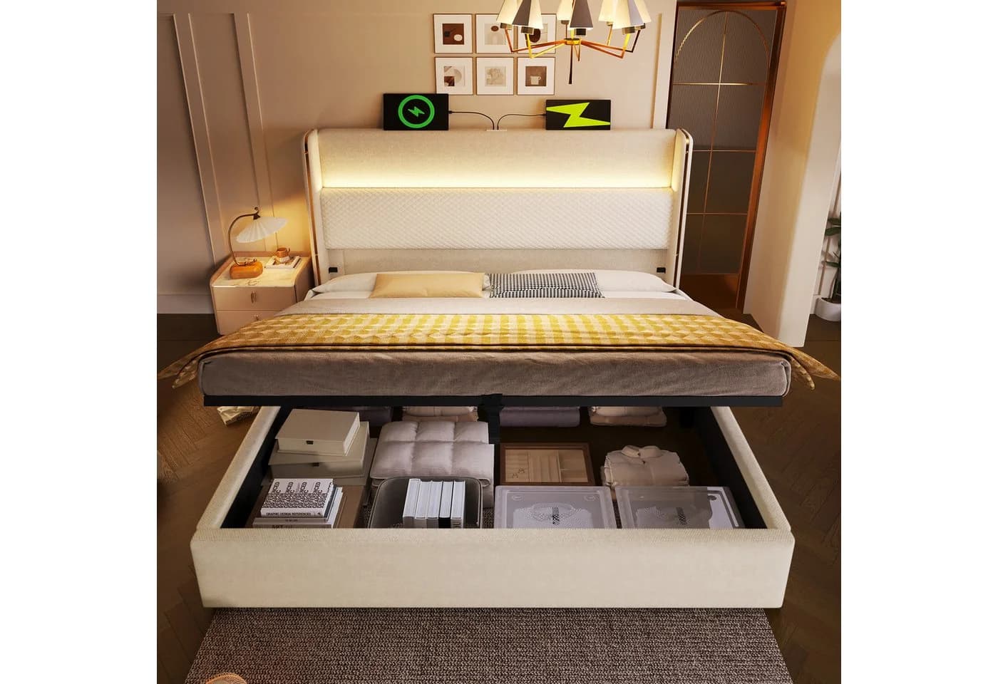 TavilaEcon Boxspringbett Modernes Bett mit LED-Beleuchtung 140x200cm Beige/Grau