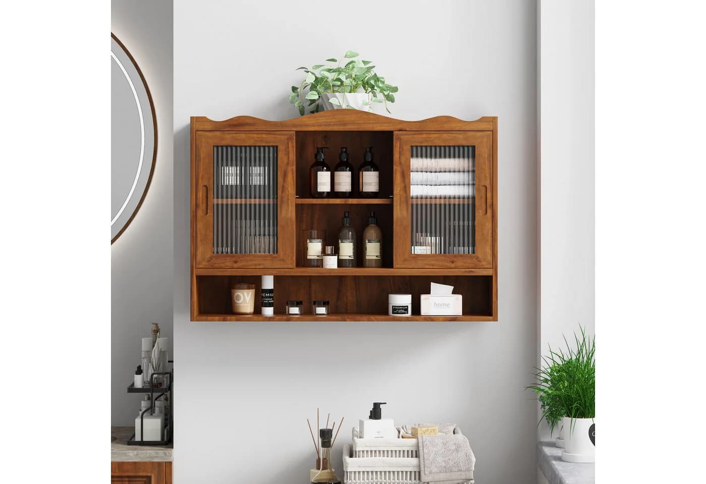 TavilaEcon Wandhängeschrank Retro Glastüren Braun