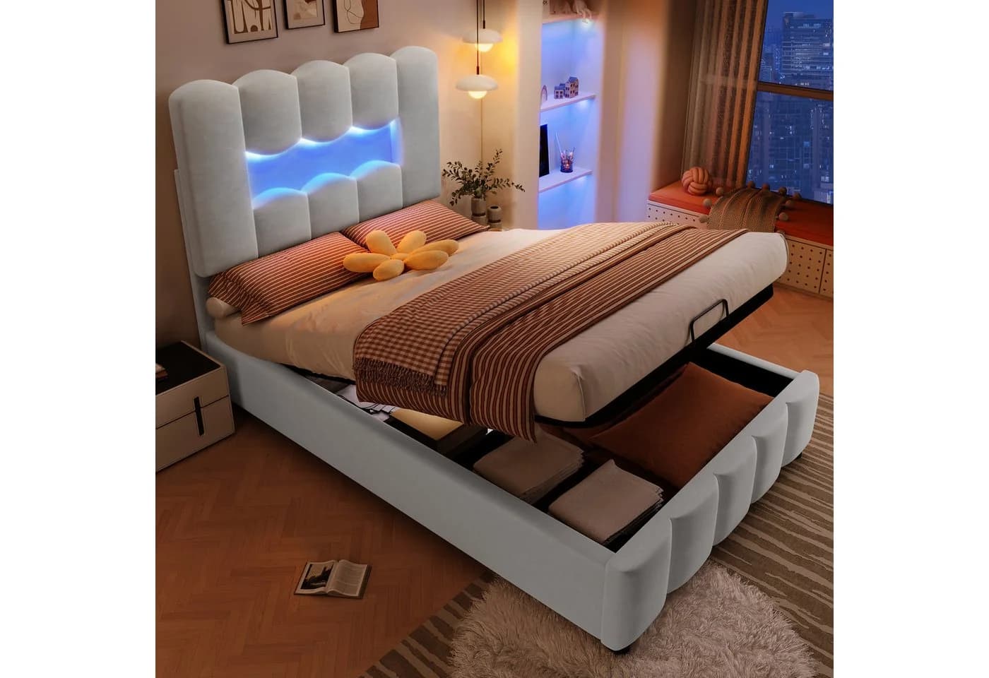 TavilaEcon Boxspringbett Polsterbett mit LED-Beleuchtung und Hydraulik