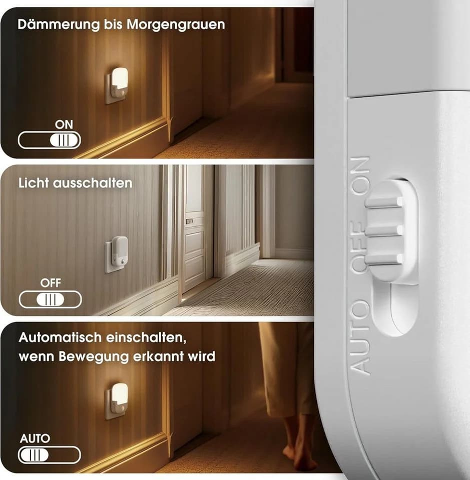 LOHAS-LED Nachtlicht Steckdose 3-seitig mit Sensor & Dimmbar Weiß