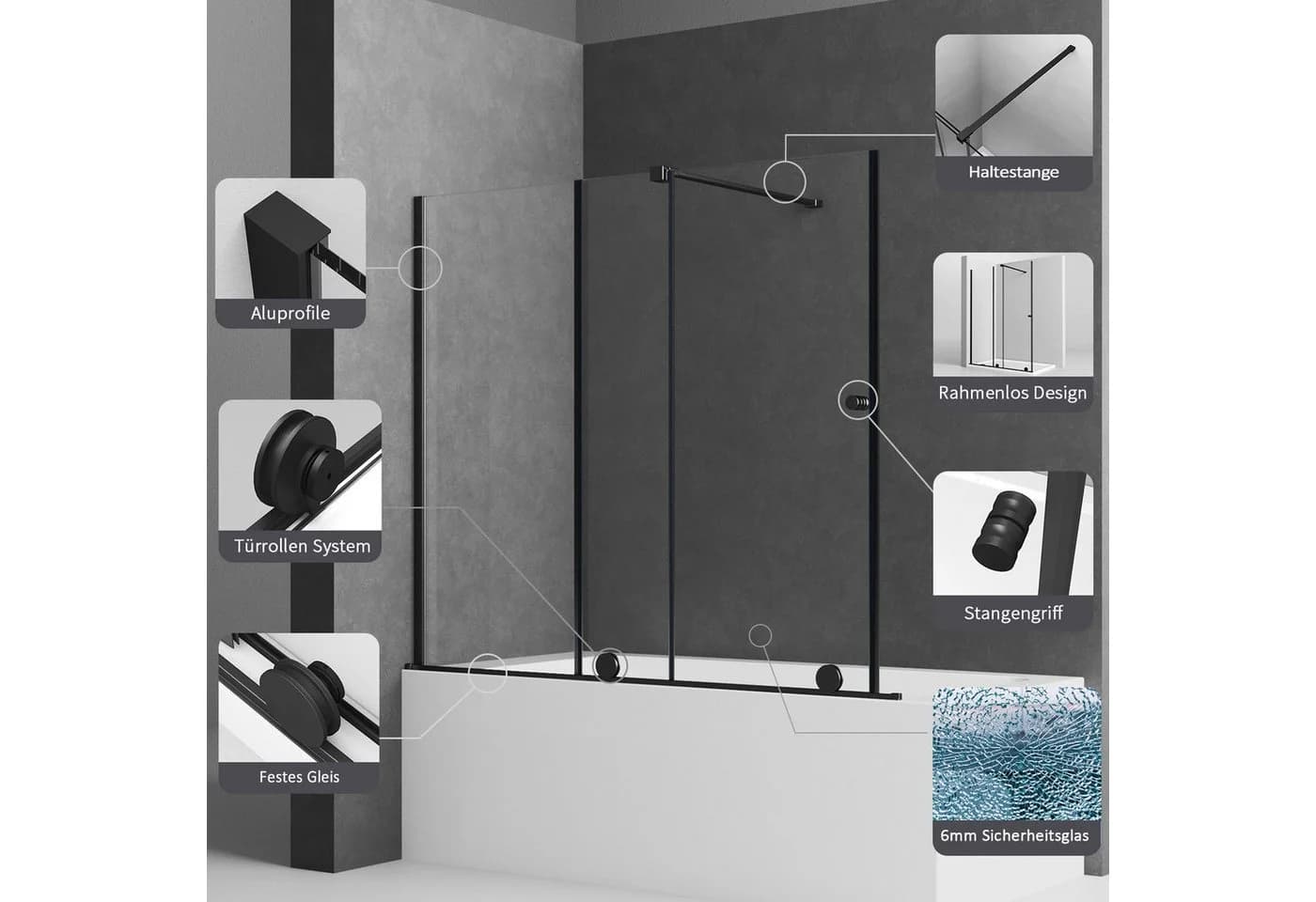 Boromal Badewannenaufsatz Schiebetür Duschtrennwand Glas Schwarz 70-125cm