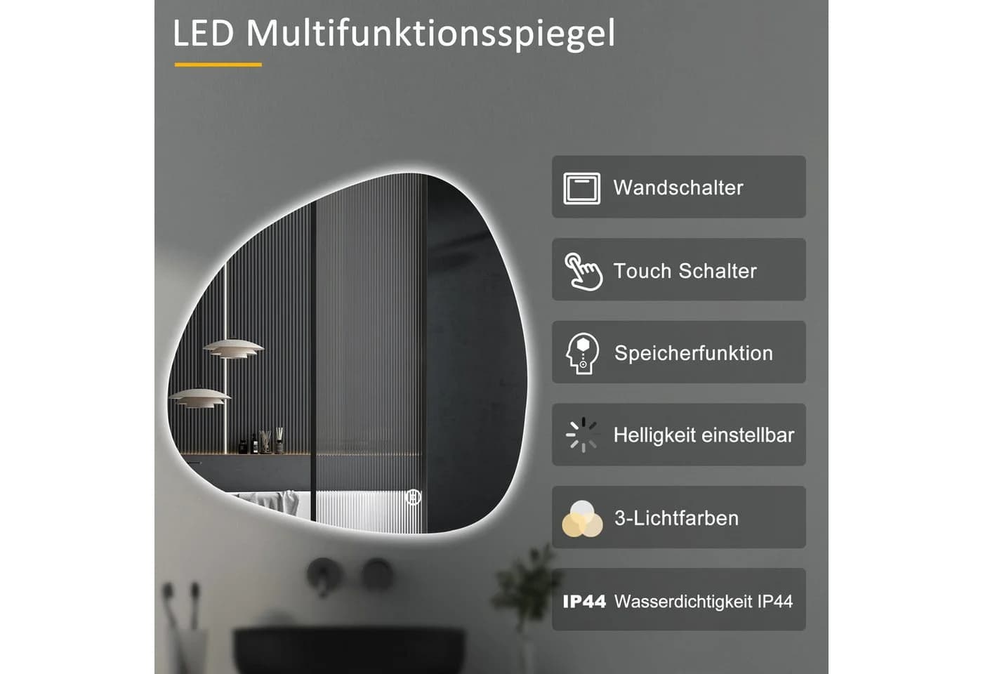 WDWRITTI LED Badspiegel 80x80cm Asymmetrisch Steinform