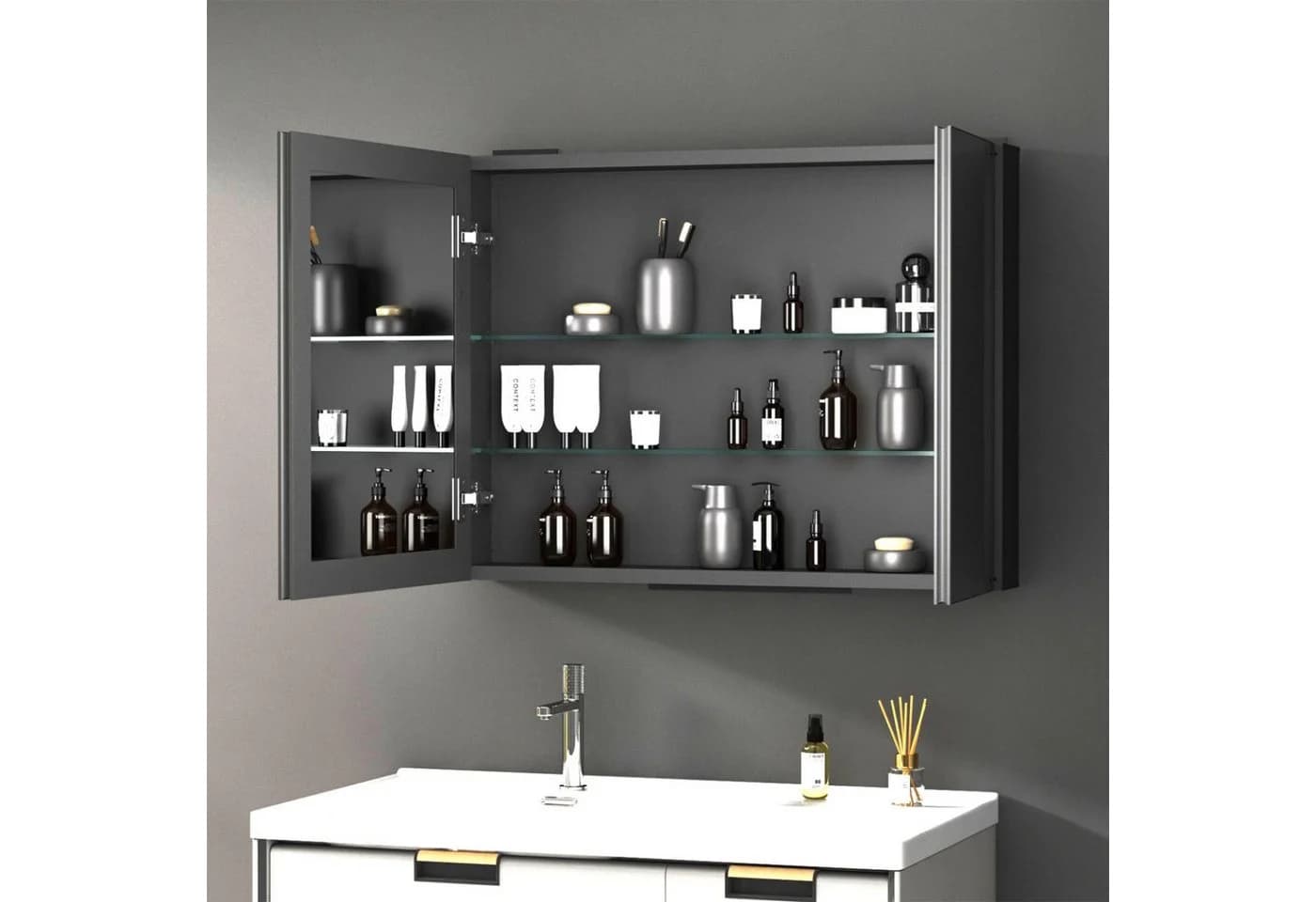 WDWRITTI Aluminium Spiegelschrank Schwarz 2-türig 80x12,5x60cm