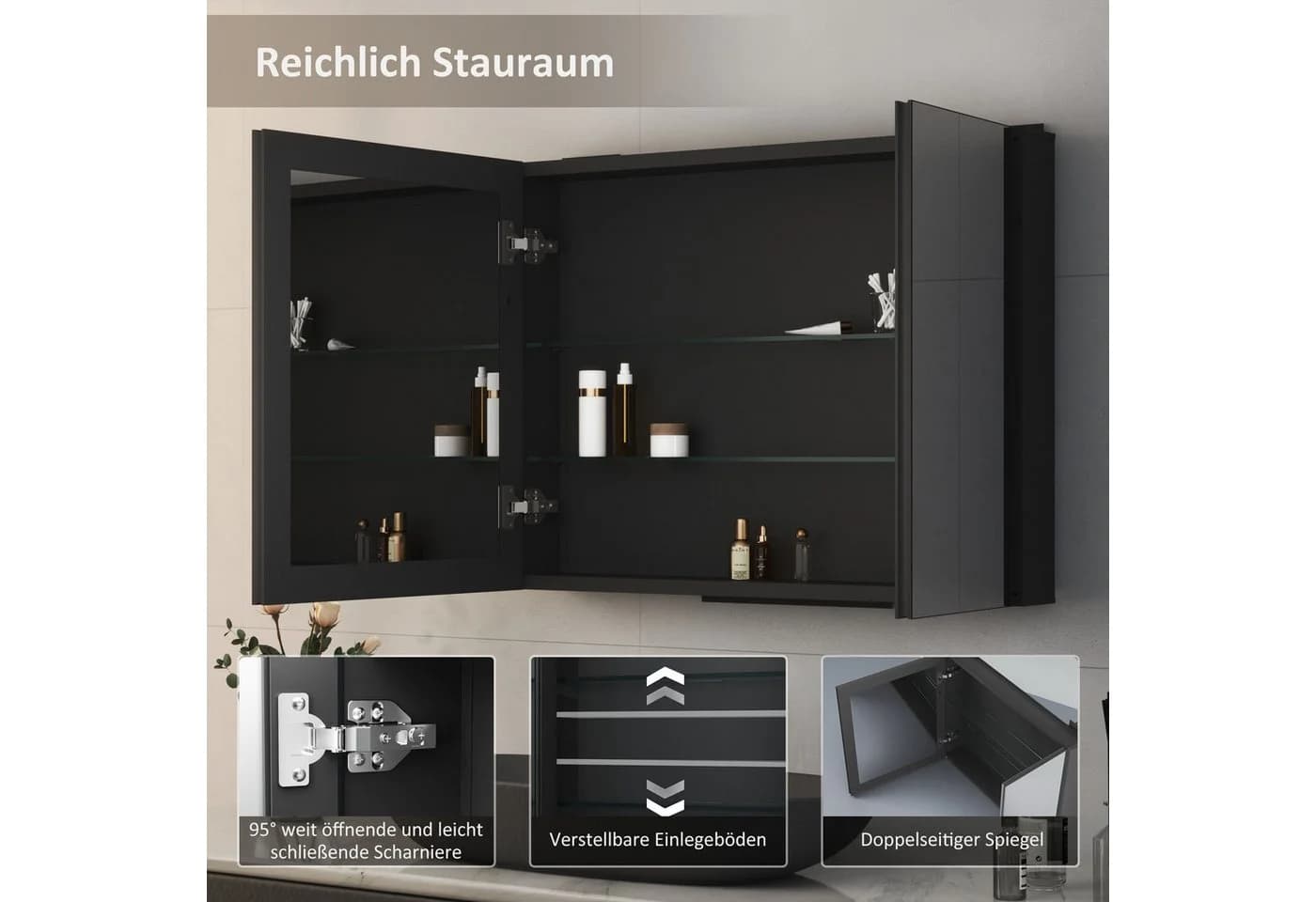 Hopibath Aluminium Spiegelschrank Schwarz 2türig 80x12,5x60 cm