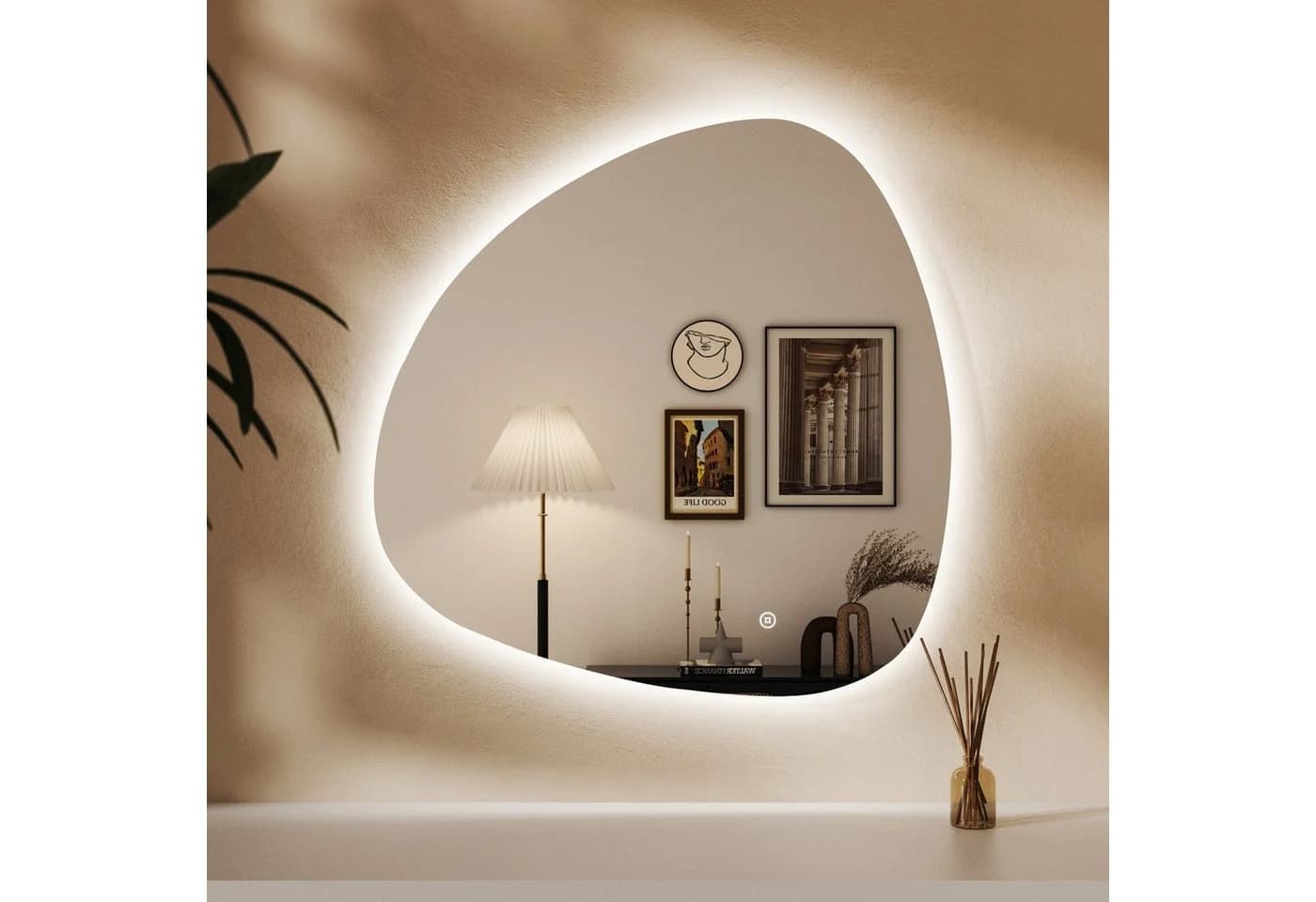 WDWRITTI LED Wandspiegel 80x80cm Steinform Dimmbar