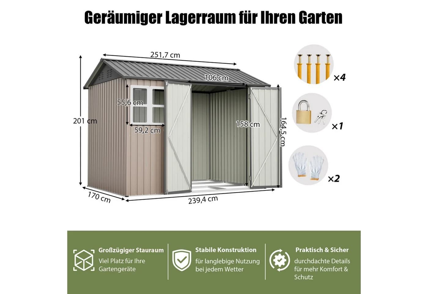 Thanaddo Gartenhaus aus Metall mit Fenstern, 251x180x201cm, Braun
