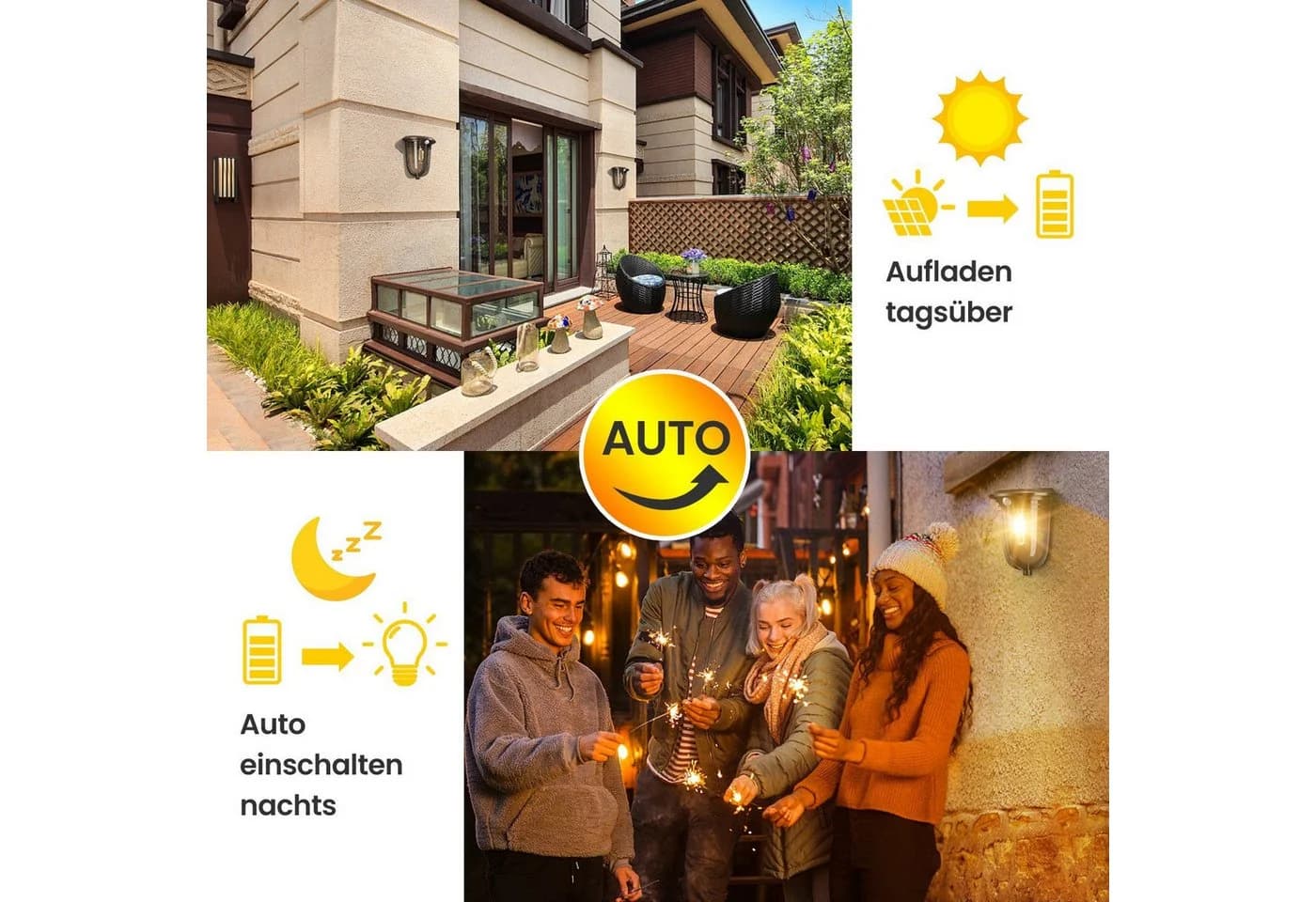 Elegear Außen-Wandleuchte 2 Stück Solarleuchte mit Bewegungsmelder LED Warmweiß