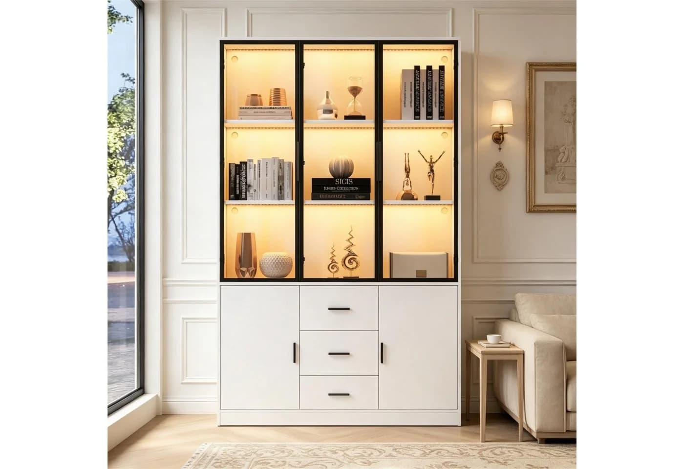 Fine Life Pro Standvitrine Weiß mit Glasfront und LED-Beleuchtung