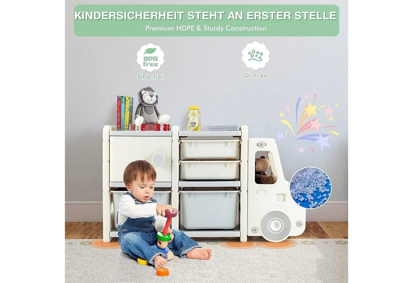 KOMFOTTEU Spielzeugtruhe Kinderregal Beige 4 Boxen 1 Schrank
