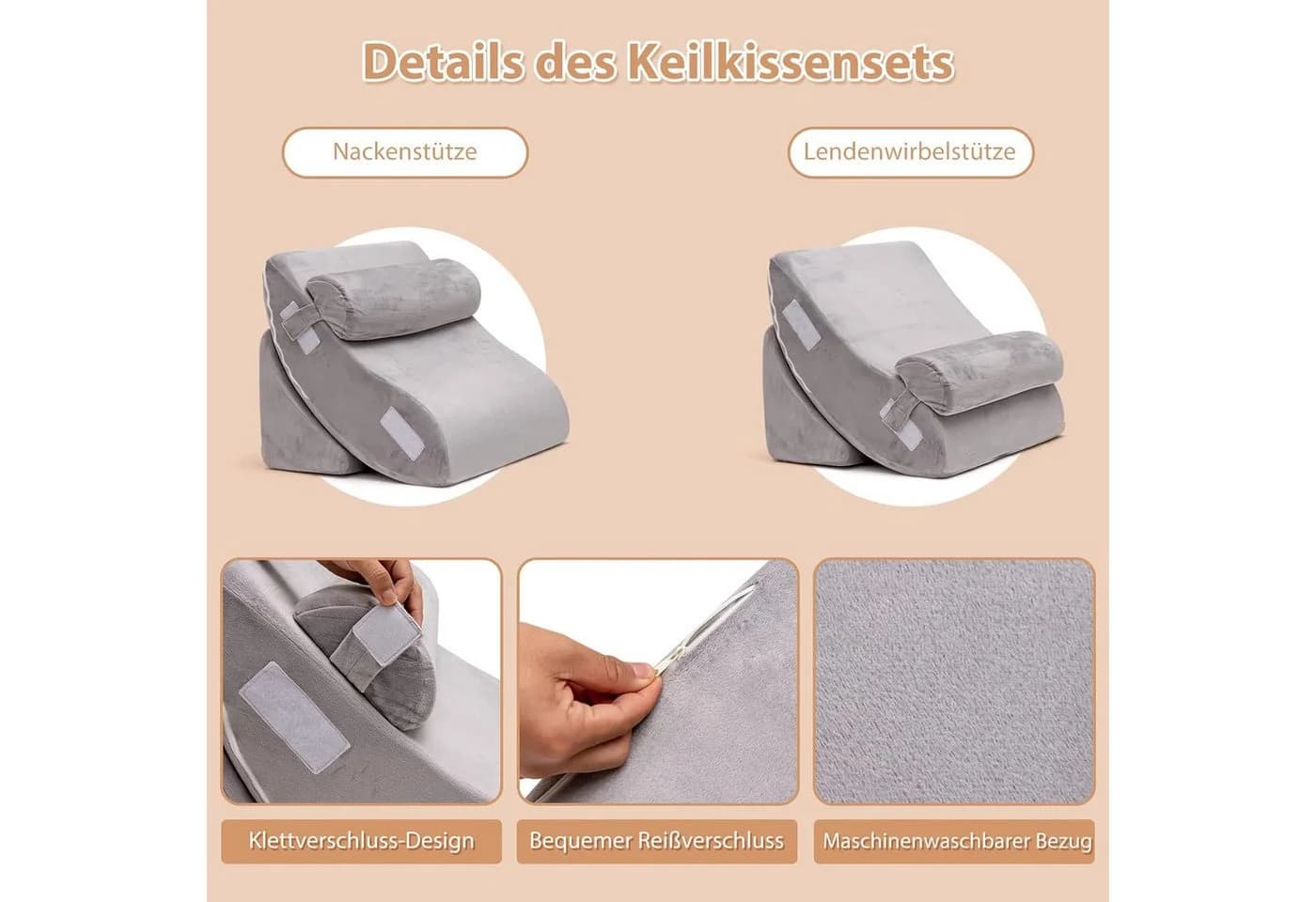 KOMFOTTEU Keilkissen Bettkissen 4-tlg. Memory-Schaum Grau