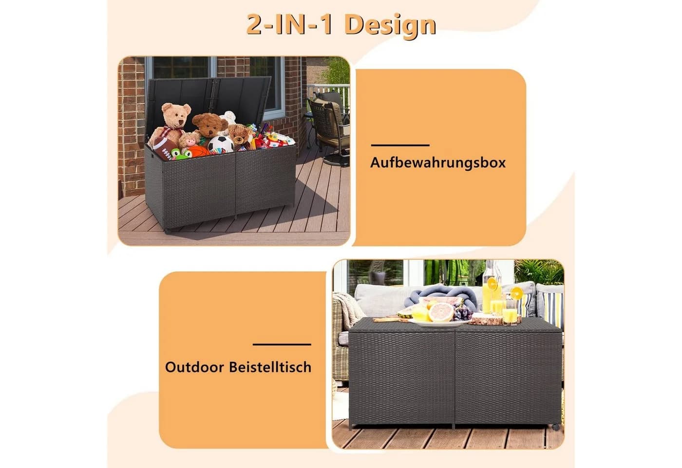 COSTWAY Auflagenbox 662L Braun PE-Rattan mit Rollen