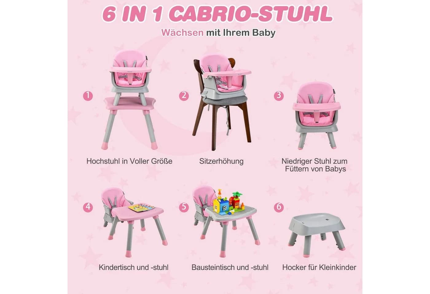 COSTWAY Hochstuhl 6in1 Kombihochstuhl Rosa