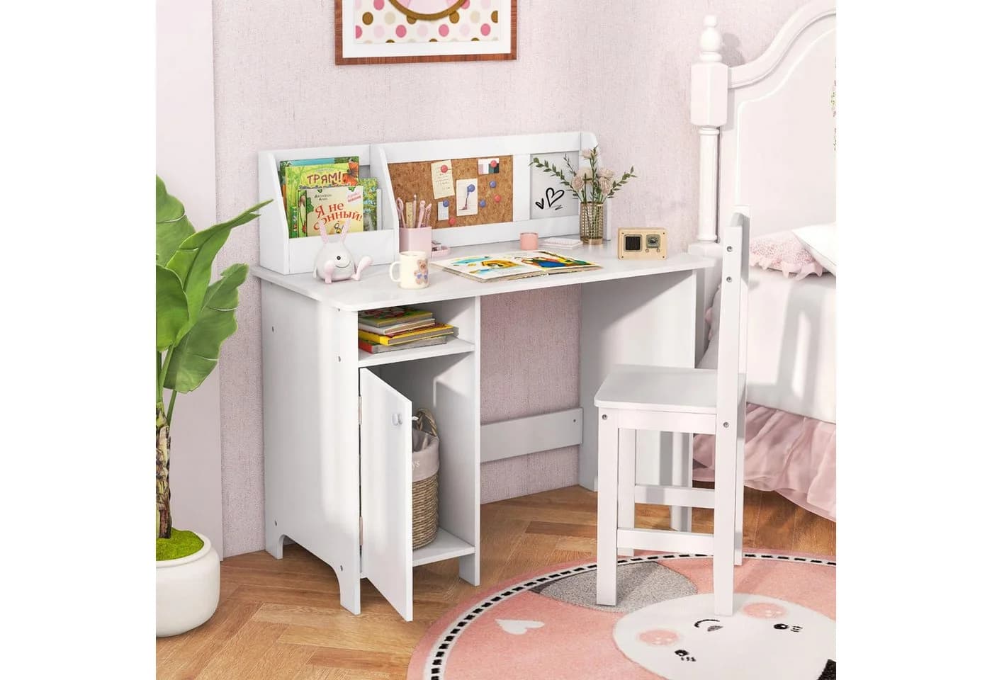 COSTWAY Kinderschreibtisch mit Stuhl Set Holz Sitzgruppe Bücherregal