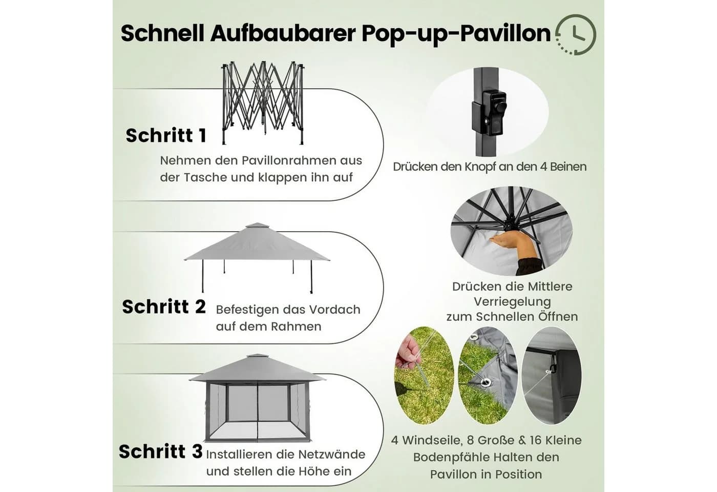 COSTWAY Faltpavillon 4x4m Pop-Up grau mit Netzwänden