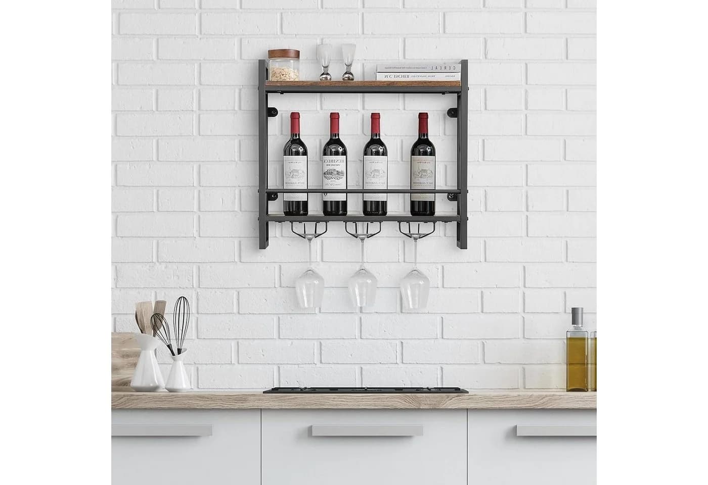 KOMFOTTEU Weinregal Wandregal mit Glashalter Industriestil